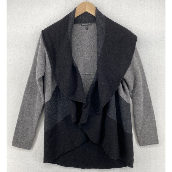 EILEEN FISHER Cardigan S Merino Wool Colorblock Shawl Pin Closure Gray Black - Picture 1 of 12